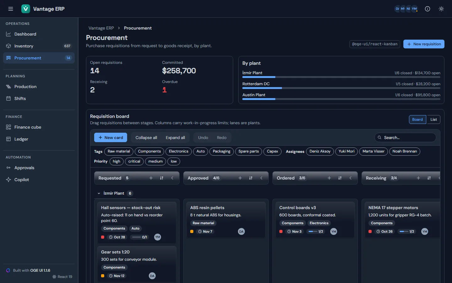 Vantage ERP — Procurement board