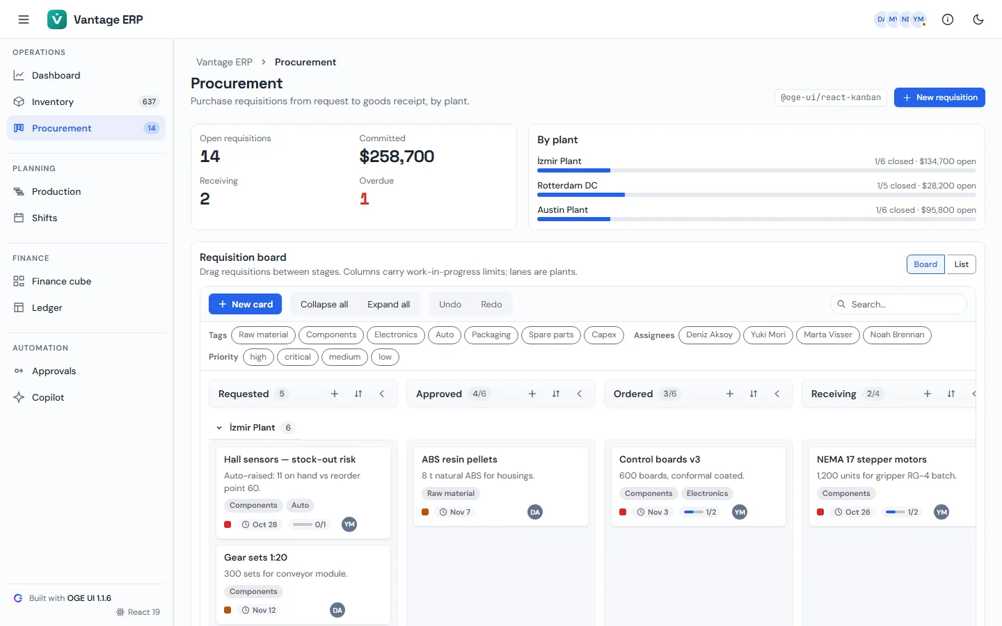 Vantage ERP — Procurement board